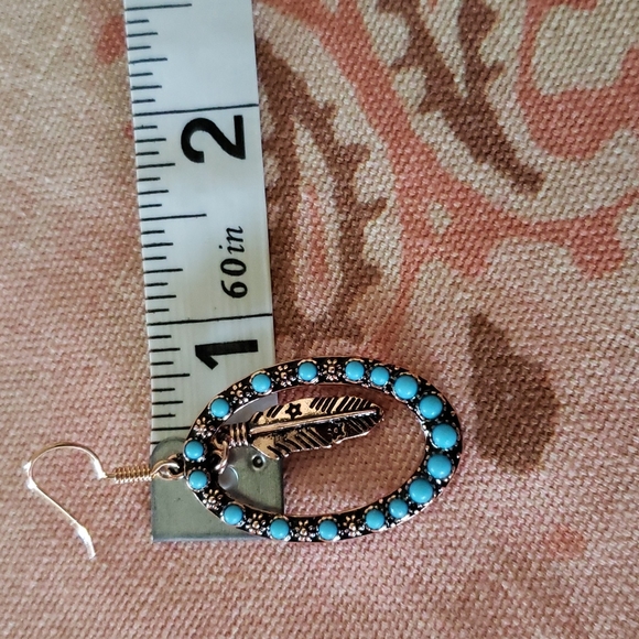 Feather Hoop Earrings. Oval Flower Floral Copper Color Boho Cowgirl Western - Picture 8 of 9